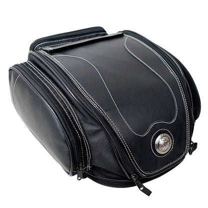 Expandable Motorcycle Rear Cargo Bag with Weather Protection & Convertible Carry Options for Touring, Cruising, Sport Bikes