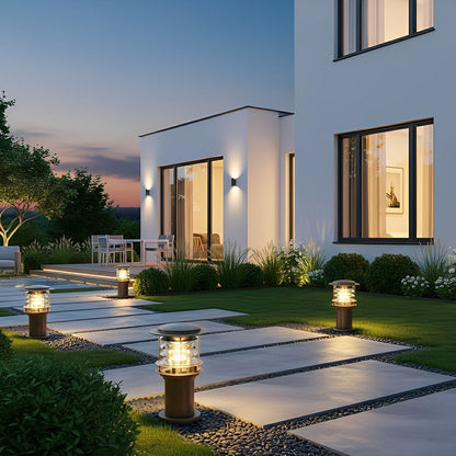 Layered Cylinder Pathway Light Bollard for Yard & Walkway 7W LED Weatherproof Post Lamp Aluminum Construction Black Bronze 12-32 in Heights