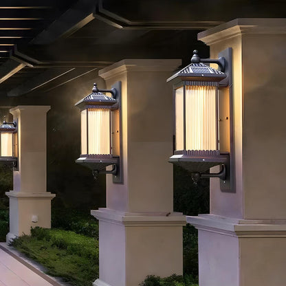Solar-Powered Outdoor Lantern 23 in Cast Aluminum Coffee Brown Waterproof Garden Entrance Porch Pathway Veranda Exterior Facade Security Lig