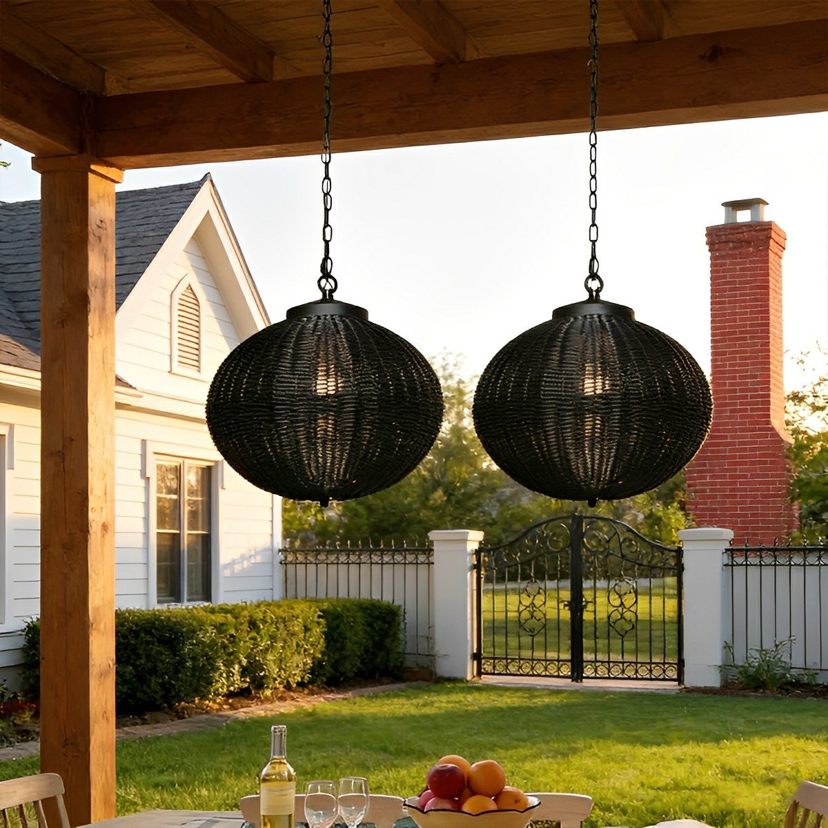 Woven Rattan Outdoor Hanging Lantern 16 in Black Waterproof Porch Light for Pergola Garden Patio Adjustable Cord E27 Socket