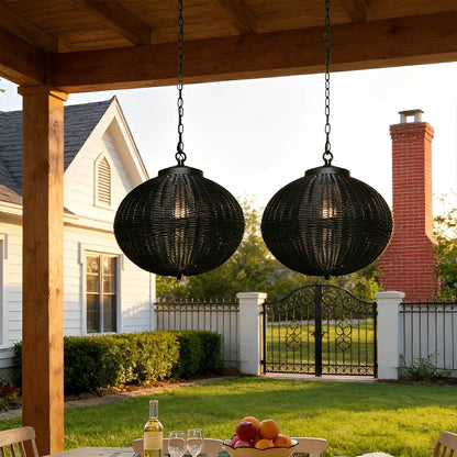 Woven Rattan Outdoor Hanging Lantern 16 in Black Waterproof Porch Light for Pergola Garden Patio Adjustable Cord E27 Socket