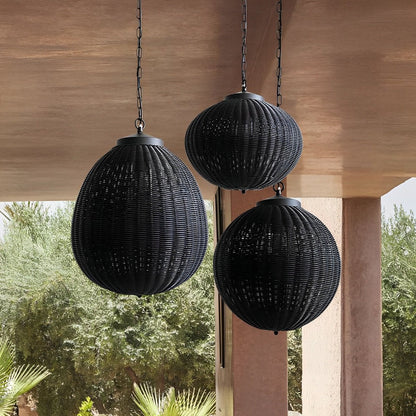 Woven Rattan Outdoor Hanging Lantern 16 in Black Waterproof Porch Light for Pergola Garden Patio Adjustable Cord E27 Socket