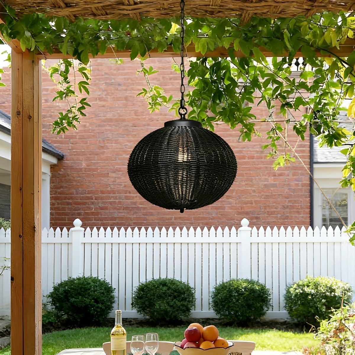 Woven Rattan Outdoor Hanging Lantern 16 in Black Waterproof Porch Light for Pergola Garden Patio Adjustable Cord E27 Socket