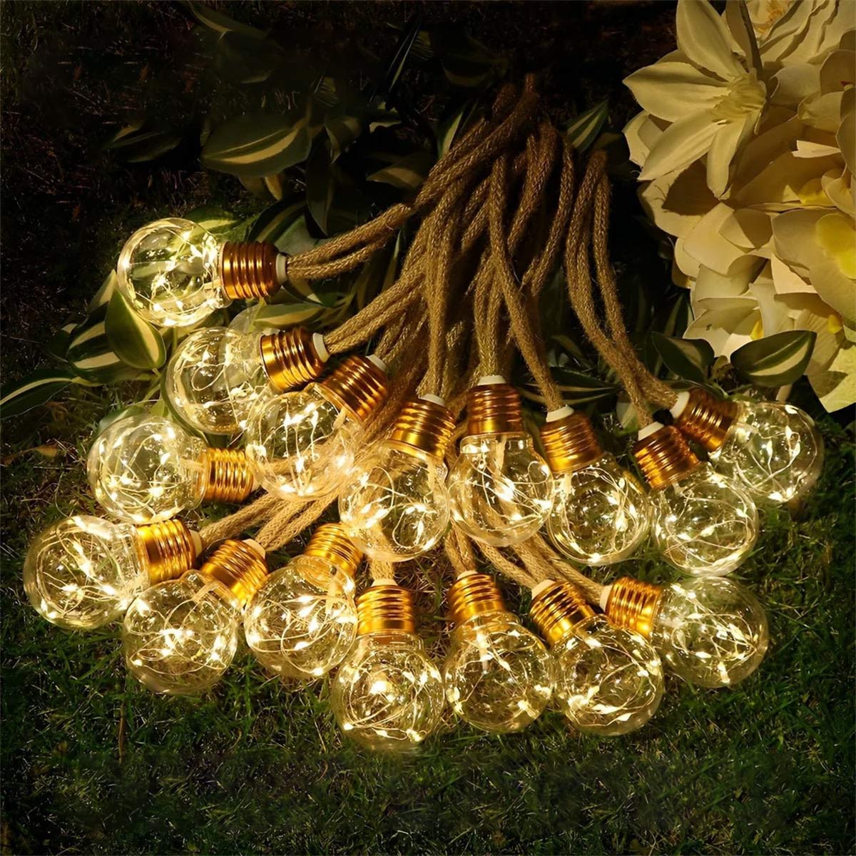 Outdoor Solar LED Edison Bulb Decorative Lights 33 ft Weatherproof Jute Cord for Patio Deck Yard Bistro Canopy Balcony Entertaining Ambient