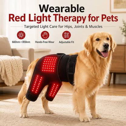 Ortekor Wearable red light therapy sleeve for dogs, used for home care of the lower back and hind legs/hips.