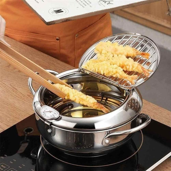Freidora Crispy | Freidora de acero inoxidable con termómetro y rejilla de escurrido | Perfecta para cocinar en casa