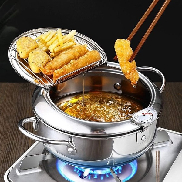 Freidora Crispy | Freidora de acero inoxidable con termómetro y rejilla de escurrido | Perfecta para cocinar en casa