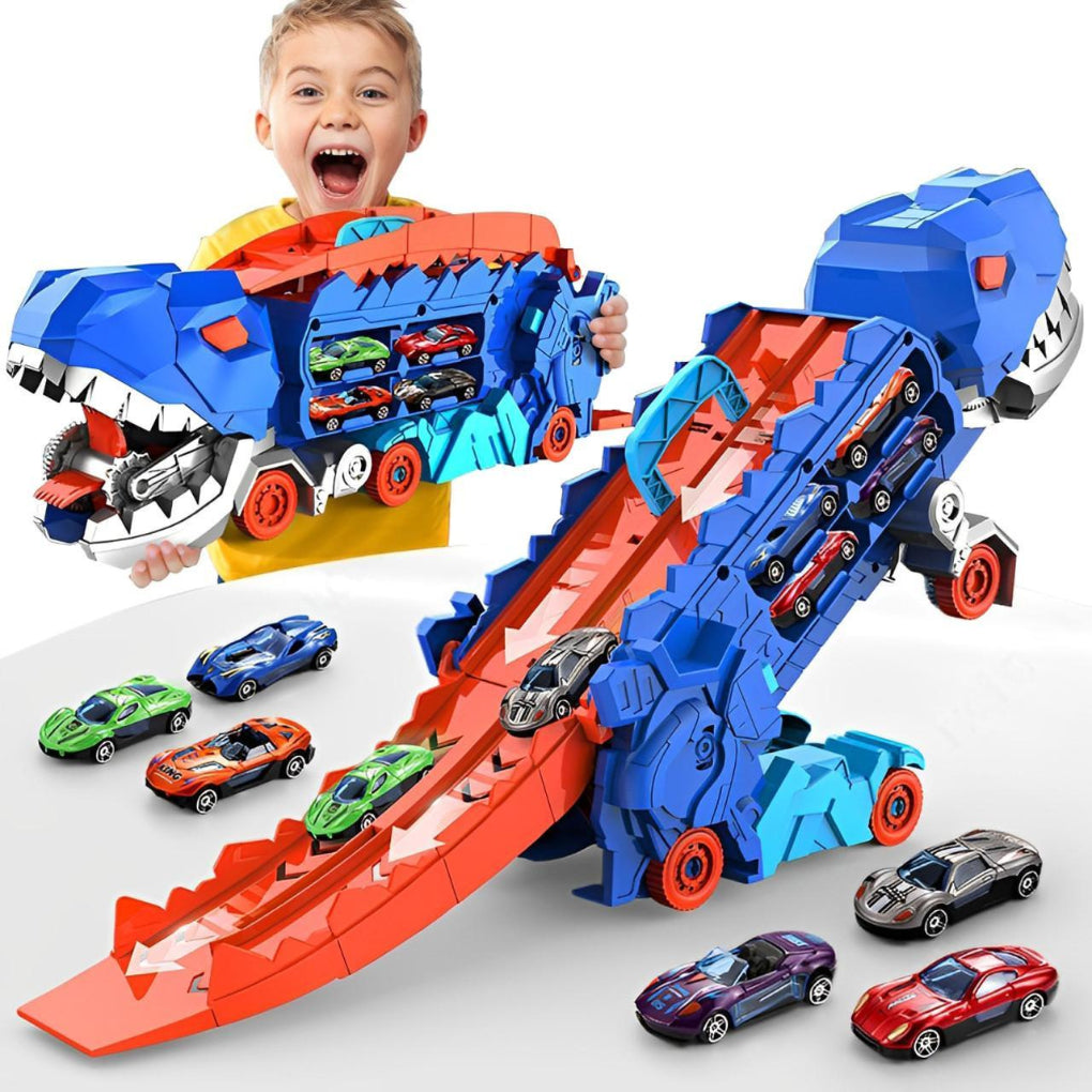 Juego de camión de dinosaurios, camión transportador de juguetes de tiranosaurio para 18 autos, juguete de pista de carreras 3 en 1 con transformación de dinosaurio
