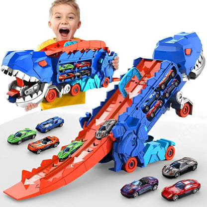 Juego de camión de dinosaurios, camión transportador de juguetes de tiranosaurio para 18 autos, juguete de pista de carreras 3 en 1 con transformación de dinosaurio