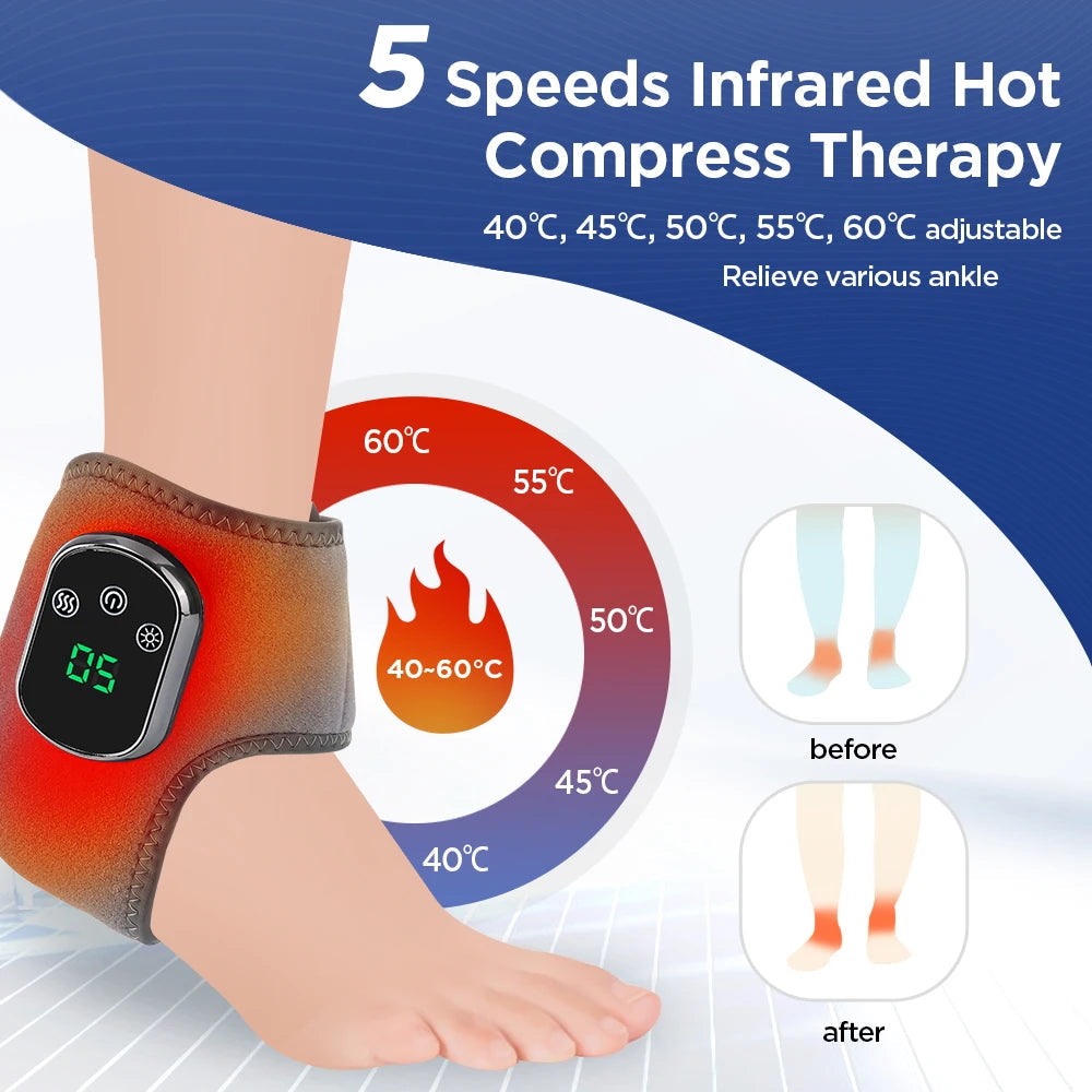 Masajeador de tobillo con compresa caliente por infrarrojos, 5 niveles de calor y vibración ajustable para alivio del dolor