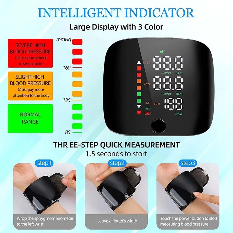 Rechargeable Wrist Blood Pressure Cuff with Voice Readout & LCD Display for Home Health Tracking Adults Seniors Travel-Friendly Automatic