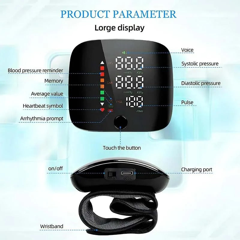 Rechargeable Wrist Blood Pressure Cuff with Voice Readout & LCD Display for Home Health Tracking Adults Seniors Travel-Friendly Automatic