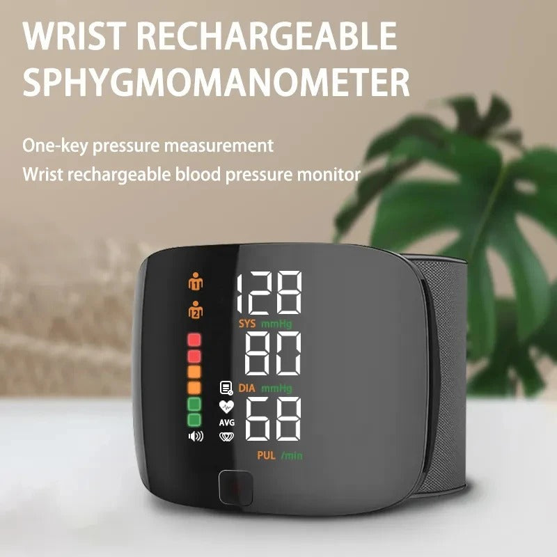 Rechargeable Wrist Blood Pressure Cuff with Voice Readout & LCD Display for Home Health Tracking Adults Seniors Travel-Friendly Automatic