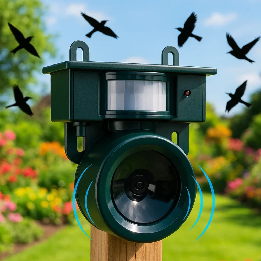 Repelente solar para aves | Disuasorio activado por movimiento con frecuencia ajustable | Solución humana para protección al aire libre