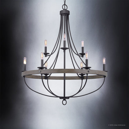9-Light Steel Pendant Fixture Round Industrial Farmhouse Ceiling Light Charcoal 35-Inch Dining Room Open Cage Chandelier Adjustable Height