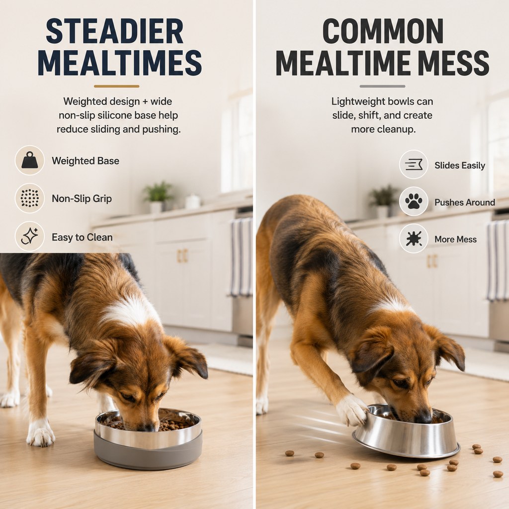 Ortekor Weighted Non-Slip Stainless Steel Dog & Cat Bowl for Tile & Hardwood Floors - Helps Reduce Sliding & Mealtime Mess