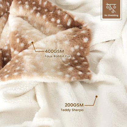 Reversible Faux Fur Throw Blanket with Woodland Deer Print – Double-Sided Plush for Couch, Bed & Living Room