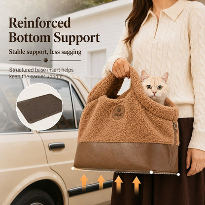 Ortekor Winter Sherpa Pet Carrier Bag for Walks & Vet Visits - Stable Bottom, Secure Handheld Shoulder Tote for Cats & Small Pets
