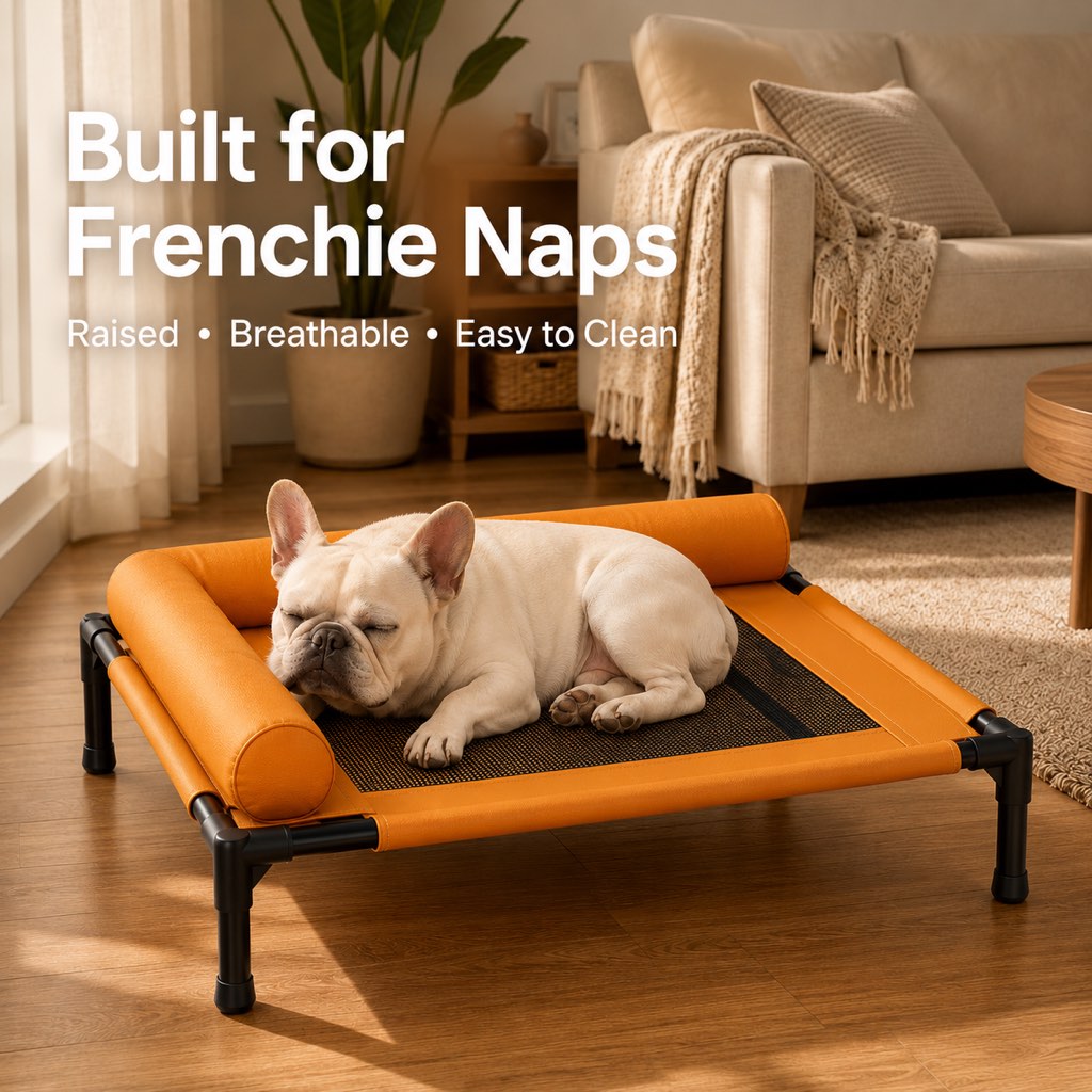 Ortekor French Bulldog Elevated Dog Cot for All-Season Indoor Naps - Breathable Raised Pet Bed with Soft Bolsters for Cooler Rest & Easy Cleaning