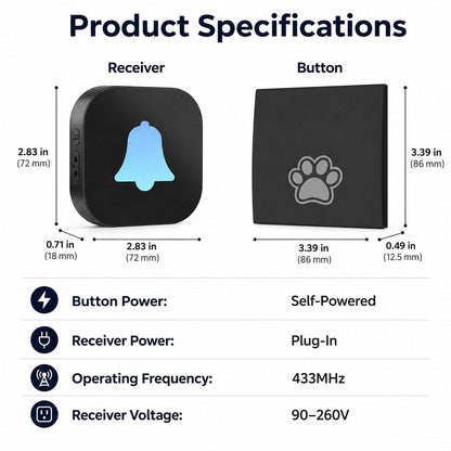 Ortekor Wireless Dog Doorbell for Potty Training - Self-Powered Paw Button & Plug-In Chime to Help Dogs Ask to Go Outside