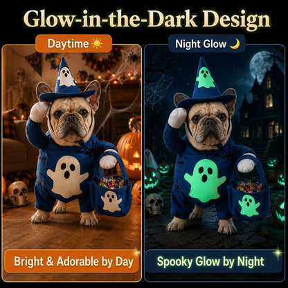 Ortekor Glow-in-the-Dark Ghost Wizard Dog Costume with Hat & Treat Bag, Halloween Pet Outfit for Trick-or-Treat, Parties, Photos & Costume Events