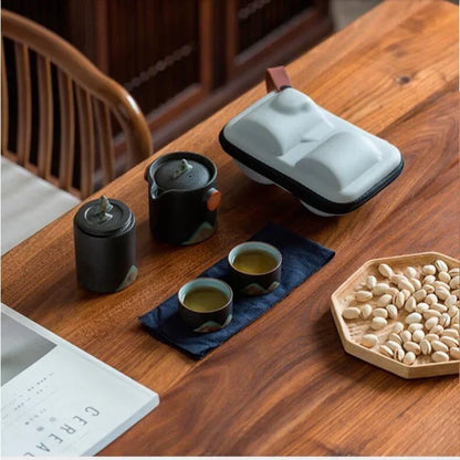 Ceramic Loose Leaf Tea Brewing Kit with Built-In Filter, Wooden Handle Teapot & Cups, Portable Tea Set for Camping, Office & Outdoor Use