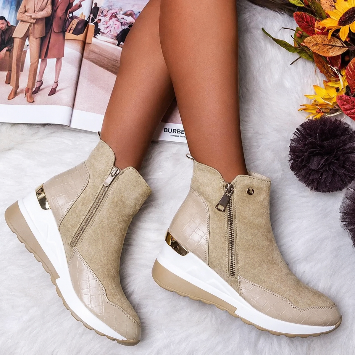 Women's Ankle Boots Waterproof Wedge Heel Side Zipper Non-Slip for Fall Winter Rain Snow Casual