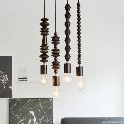 Hanging Ceiling Fixture with Natural Wood Bead Detail 48 inch Drop Modern Japandi Suspension Lamp for Dining Room Living Area Overhead Light