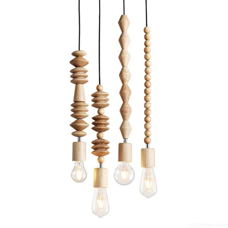 Hanging Ceiling Fixture with Natural Wood Bead Detail 48 inch Drop Modern Japandi Suspension Lamp for Dining Room Living Area Overhead Light