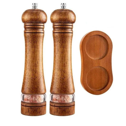 Manual Salt and Pepper Mill Set Adjustable Coarseness Clear Window Natural Wood Finish Handcrank Spice Grinder for Kitchen Dining Table