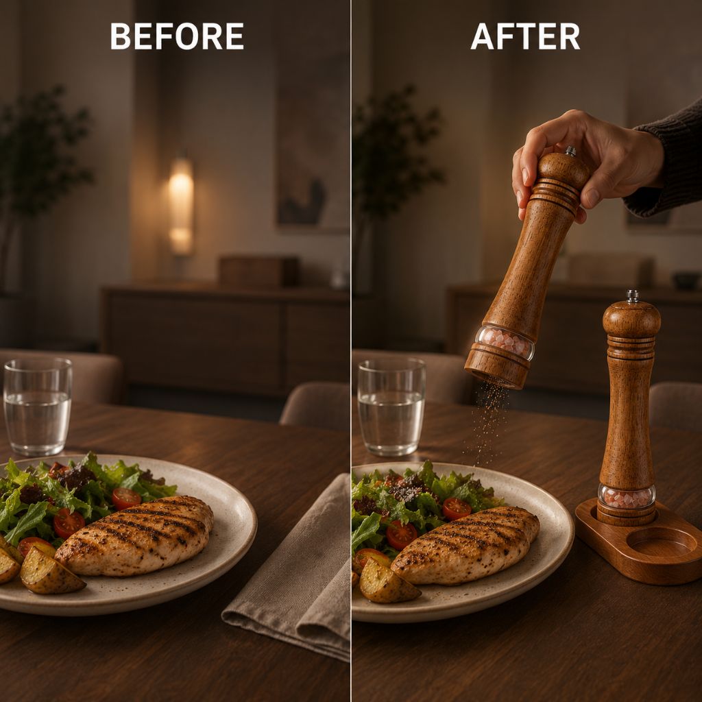 Manual Salt and Pepper Mill Set Adjustable Coarseness Clear Window Natural Wood Finish Handcrank Spice Grinder for Kitchen Dining Table