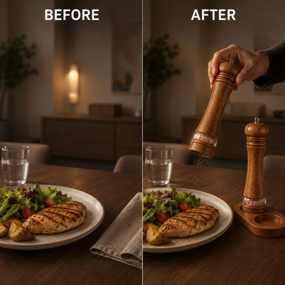 Manual Salt and Pepper Mill Set Adjustable Coarseness Clear Window Natural Wood Finish Handcrank Spice Grinder for Kitchen Dining Table