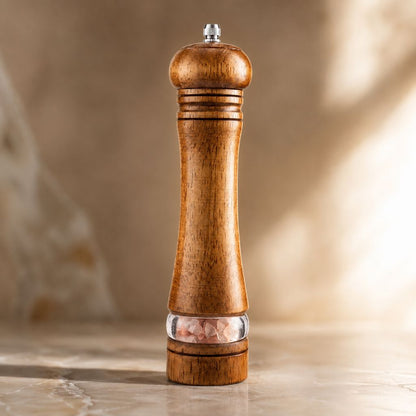 Manual Salt and Pepper Mill Set Adjustable Coarseness Clear Window Natural Wood Finish Handcrank Spice Grinder for Kitchen Dining Table