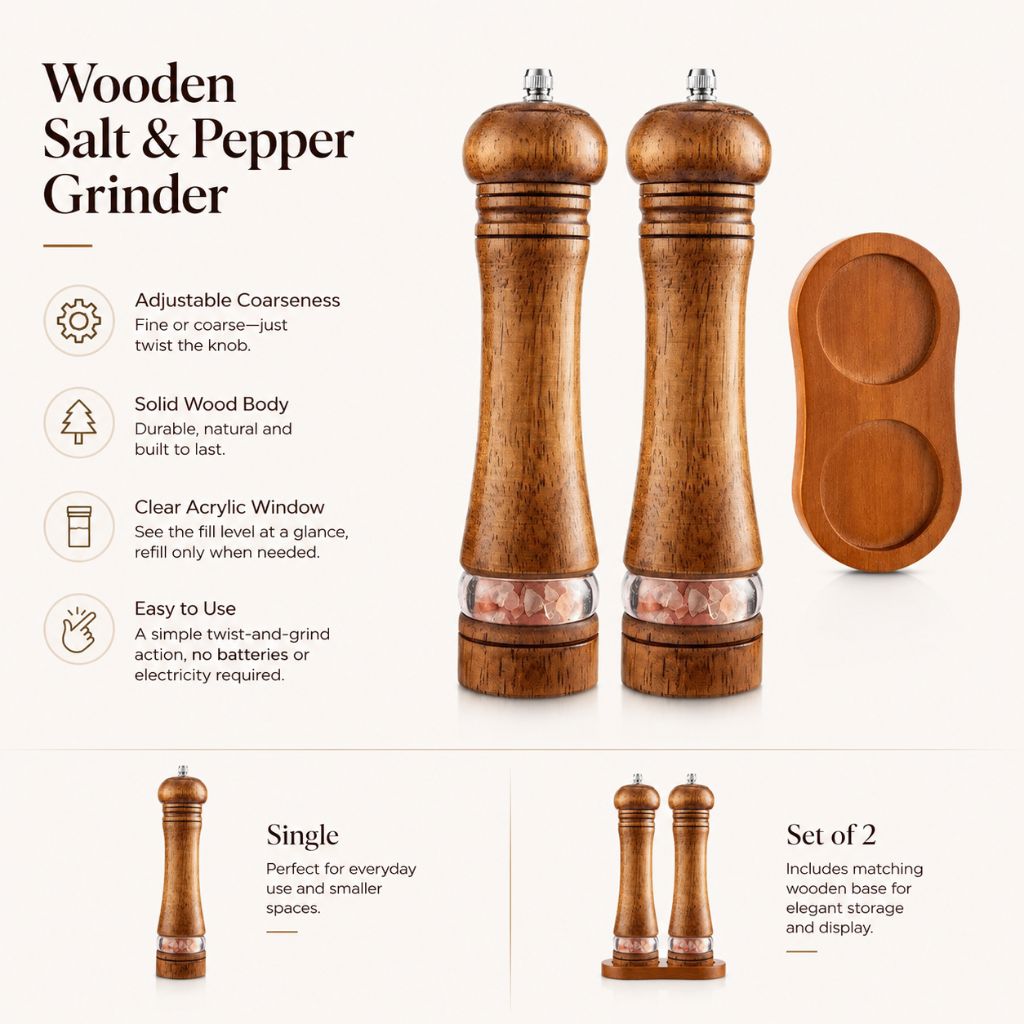 Manual Salt and Pepper Mill Set Adjustable Coarseness Clear Window Natural Wood Finish Handcrank Spice Grinder for Kitchen Dining Table