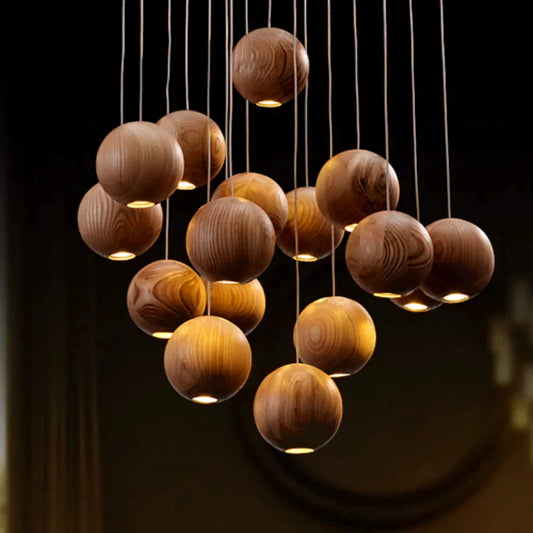 Wooden Globe Drop Ceiling Fixture 4-Inch Walnut Finish for Kitchen Island Dining Room Entryway Adjustable Cord Multi-Cluster Compatible Warm