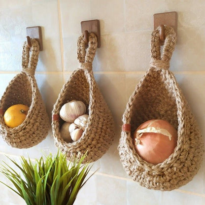 Handwoven Hemp Rope Wall-Mount Organizer for Kitchen Produce & Pantry Items | Natural Fiber Space-Saving Caddy | Farmhouse Décor