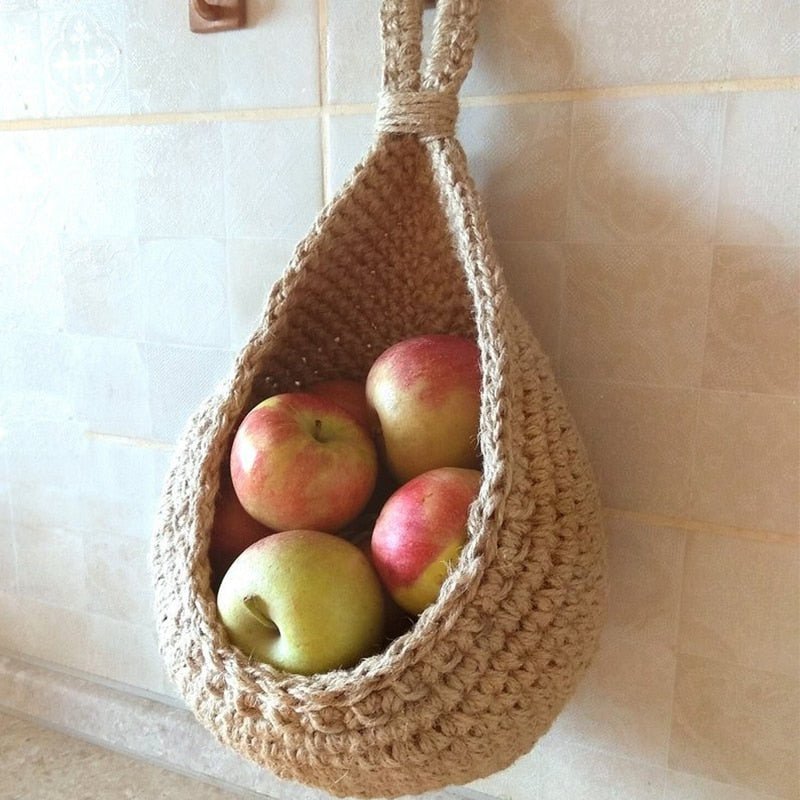 Handwoven Hemp Rope Wall-Mount Organizer for Kitchen Produce & Pantry Items | Natural Fiber Space-Saving Caddy | Farmhouse Décor
