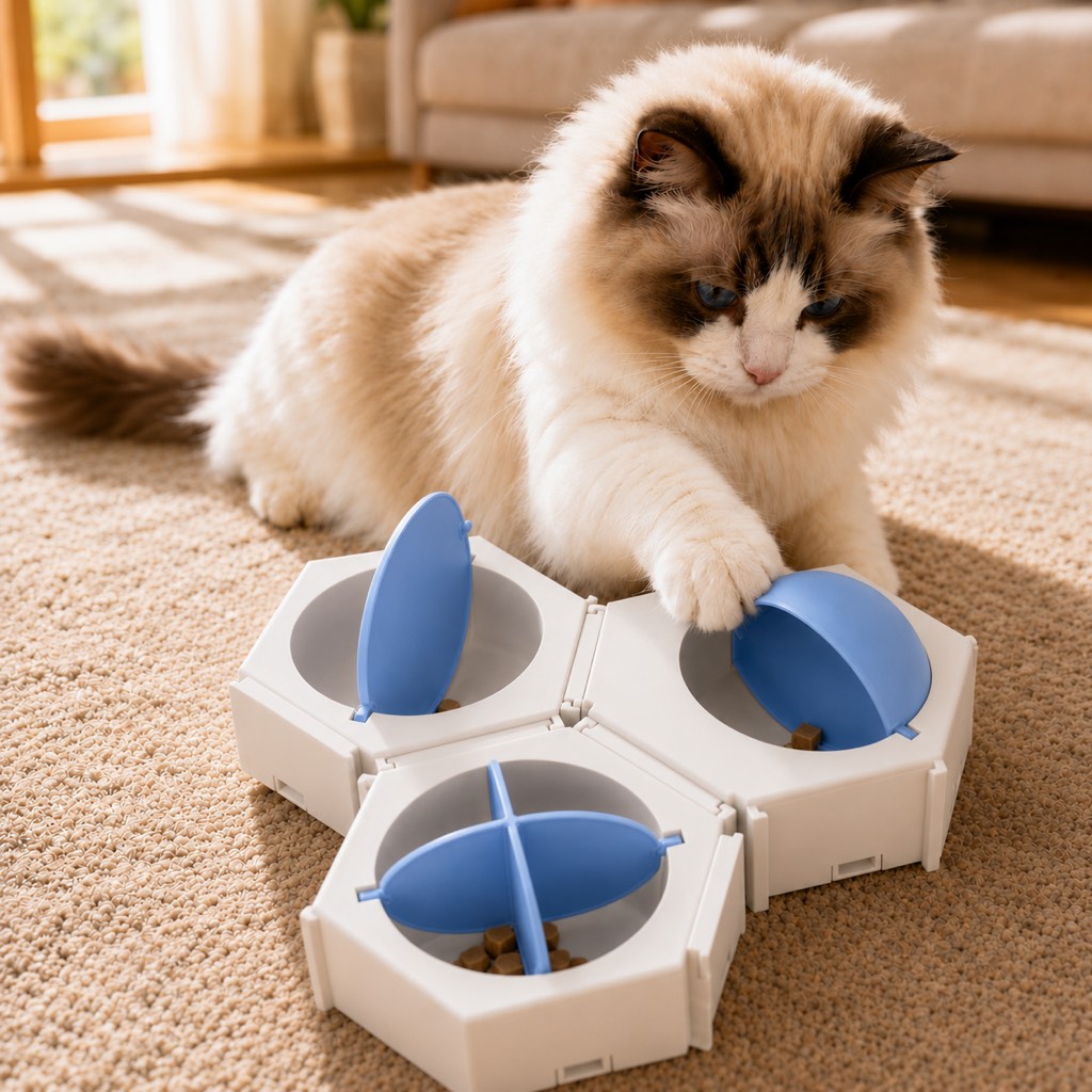 Ortekor Modular Cat Puzzle Feeder Toy for Indoor Treat Time - Hexagon Slow Feeder Enrichment Game to Keep Bored Cats Busy