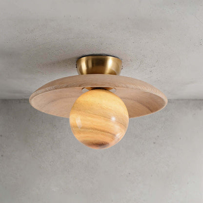 Flush Mount Light Fixture Natural Wood 11 Inch Clear Glass Sphere G9 Socket Hallway Foyer Entry Ceiling Lighting for Modern Minimalist Scand