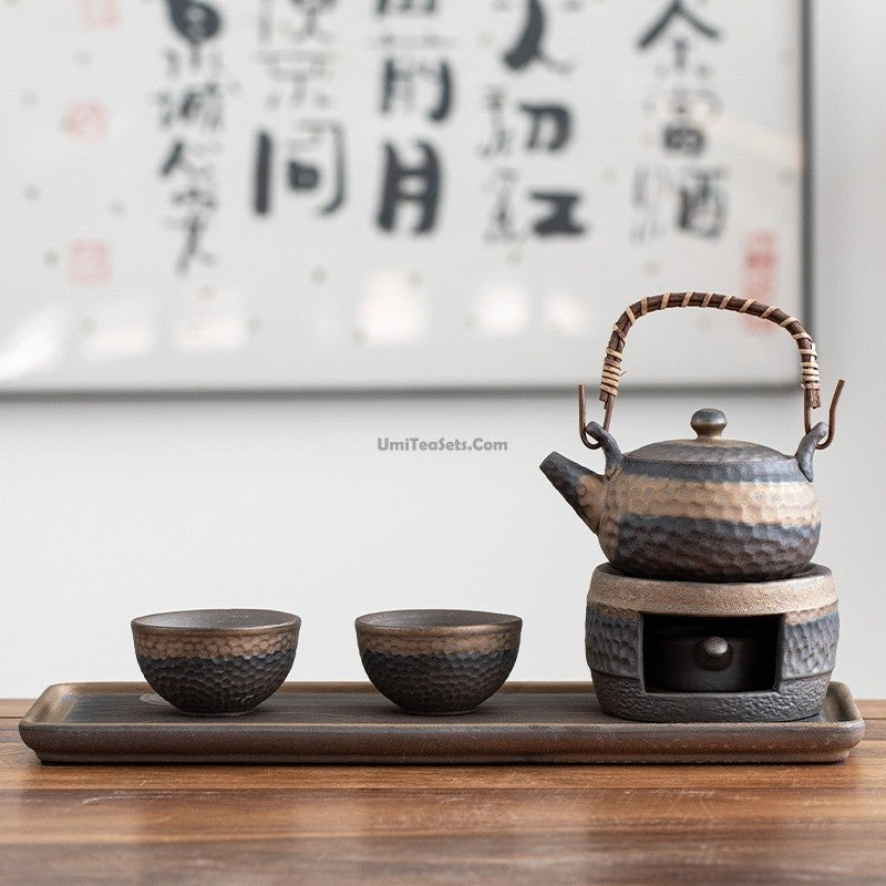 Handcrafted Ceramic Teapot Set with Warmer and Serving Tray for Mindful Tea Rituals, Japanese-Inspired Design for Green Tea, Herbal Blends,
