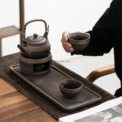 Handcrafted Ceramic Teapot Set with Warmer and Serving Tray for Mindful Tea Rituals, Japanese-Inspired Design for Green Tea, Herbal Blends,